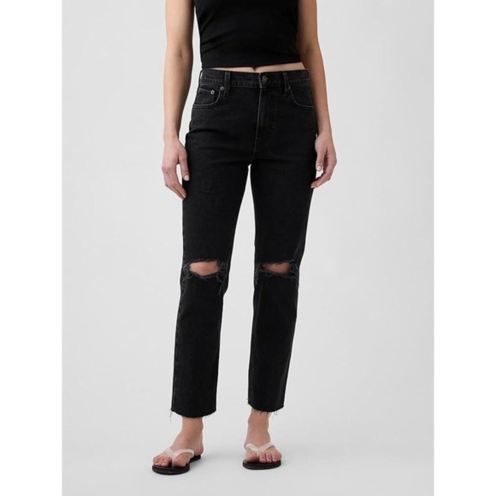 GAP | Cheeky Straight High‎ Rise Jeans Washed Black Distressed Raw Hem Sz. 30